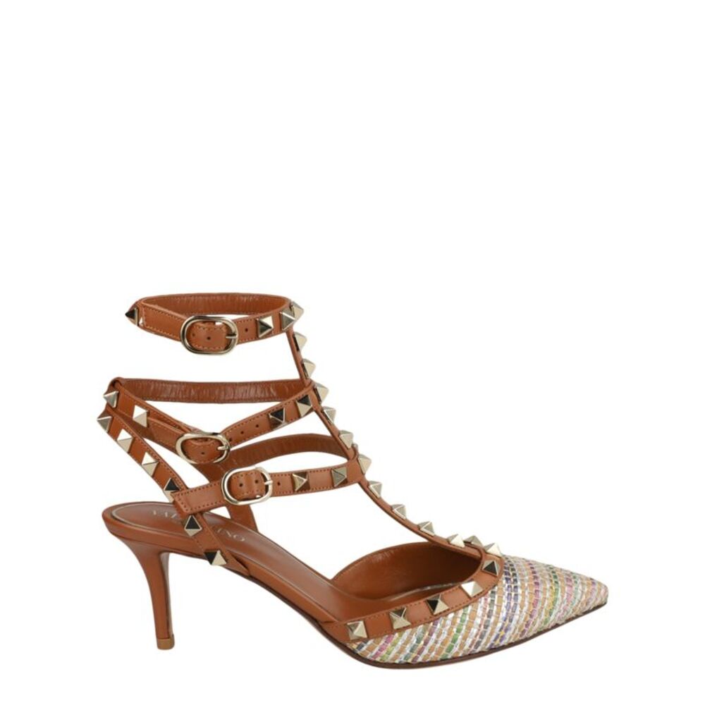 Valentino Rockstud Caged Pumps In Woven Fabric And Leather Multi Womens